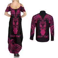 Personalised New Zealand Te Reo Maori Couples Matching Summer Maxi Dress and Long Sleeve Button Shirts Kia Kaha Maori Language Week Pink Style LT9 - Polynesian Pride