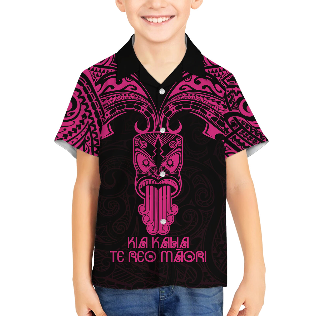 Personalised New Zealand Te Reo Maori Family Matching Long Sleeve Bodycon Dress and Hawaiian Shirt Kia Kaha Maori Language Week Pink Style LT9 Son's Shirt Pink - Polynesian Pride