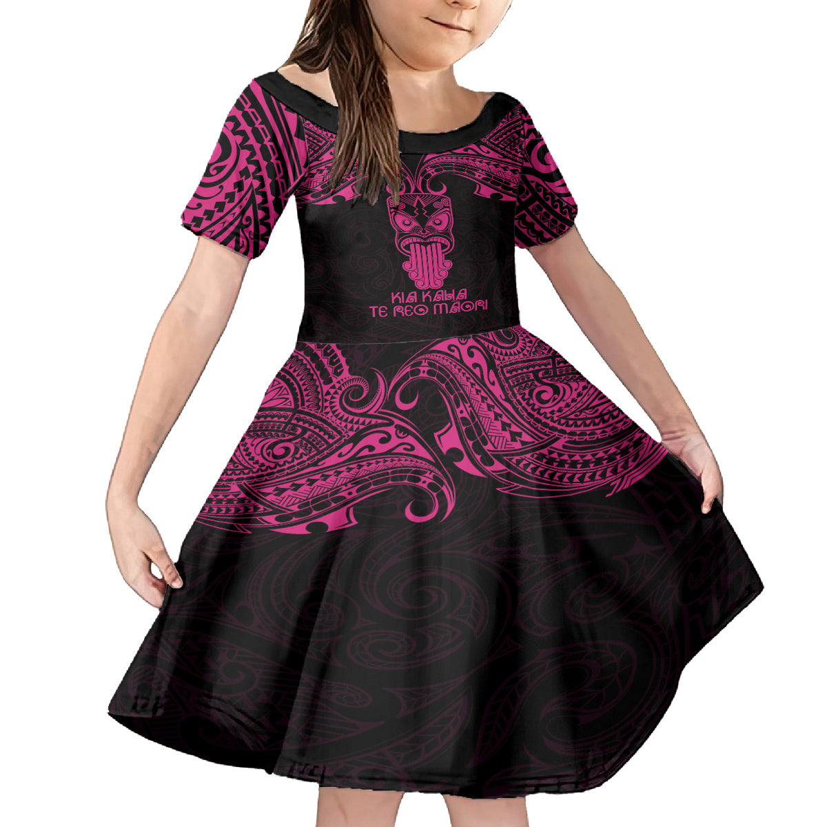 Personalised New Zealand Te Reo Maori Family Matching Off Shoulder Long Sleeve Dress and Hawaiian Shirt Kia Kaha Maori Language Week Pink Style LT9 Daughter's Dress Pink - Polynesian Pride