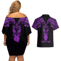 Personalised New Zealand Te Reo Maori Couples Matching Off Shoulder Short Dress and Hawaiian Shirt Kia Kaha Maori Language Week Purple Style LT9 - Polynesian Pride