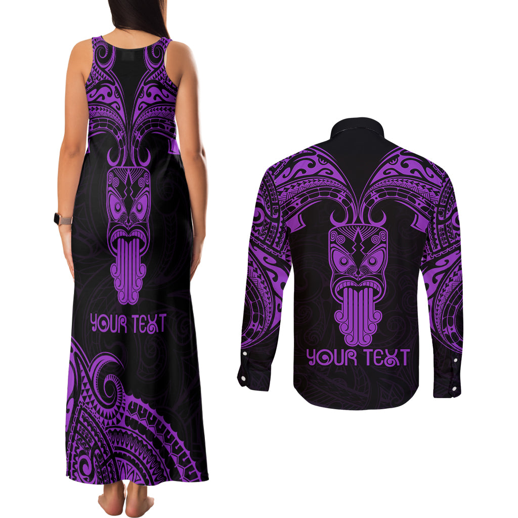 Personalised New Zealand Te Reo Maori Couples Matching Tank Maxi Dress and Long Sleeve Button Shirts Kia Kaha Maori Language Week Purple Style LT9 - Polynesian Pride