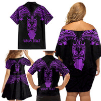 Personalised New Zealand Te Reo Maori Family Matching Off Shoulder Short Dress and Hawaiian Shirt Kia Kaha Maori Language Week Purple Style LT9 - Polynesian Pride