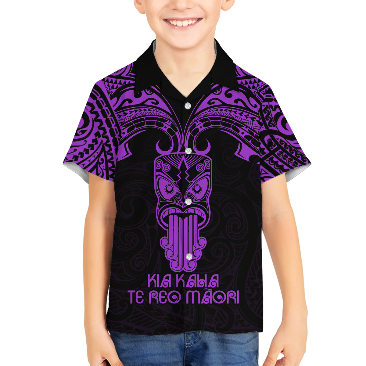 Personalised New Zealand Te Reo Maori Family Matching Puletasi Dress and Hawaiian Shirt Kia Kaha Maori Language Week Purple Style LT9 Son's Shirt Purple - Polynesian Pride