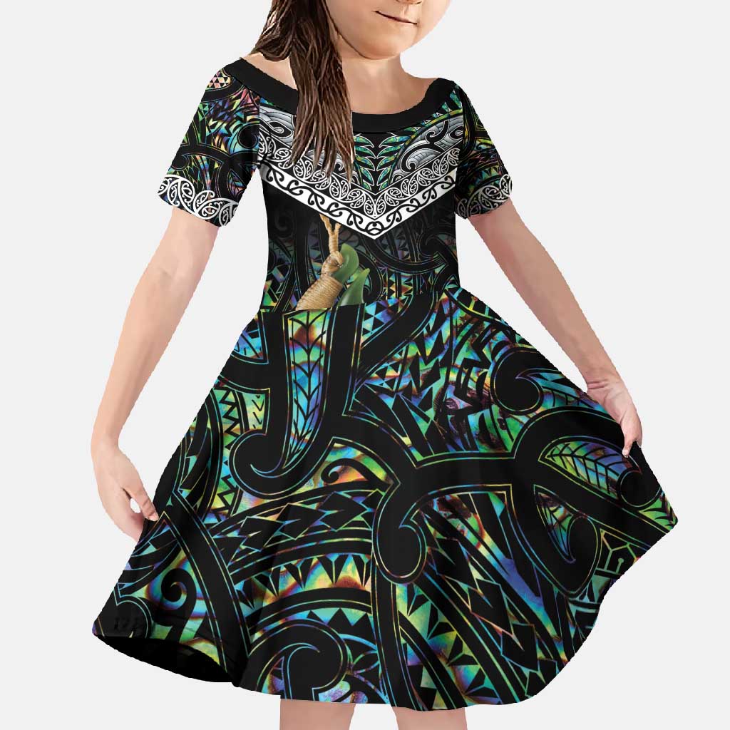 Personalised Maori Manaia Family Matching Off Shoulder Maxi Dress and Hawaiian Shirt New Zealand Tribal Hei Matau Papua Shell LT9 Daughter's Dress Green - Polynesian Pride