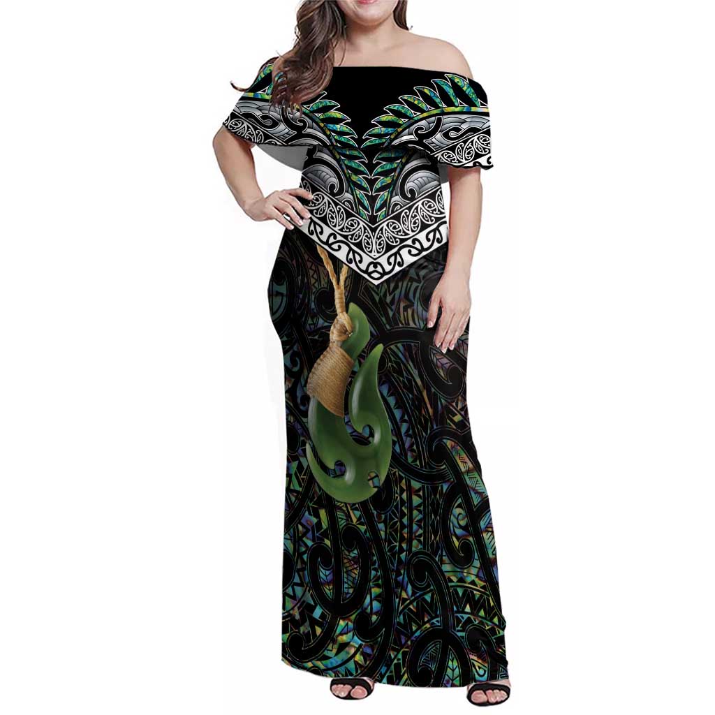 Personalised Maori Manaia Family Matching Off Shoulder Maxi Dress and Hawaiian Shirt New Zealand Tribal Hei Matau Papua Shell LT9 Mom's Dress Green - Polynesian Pride