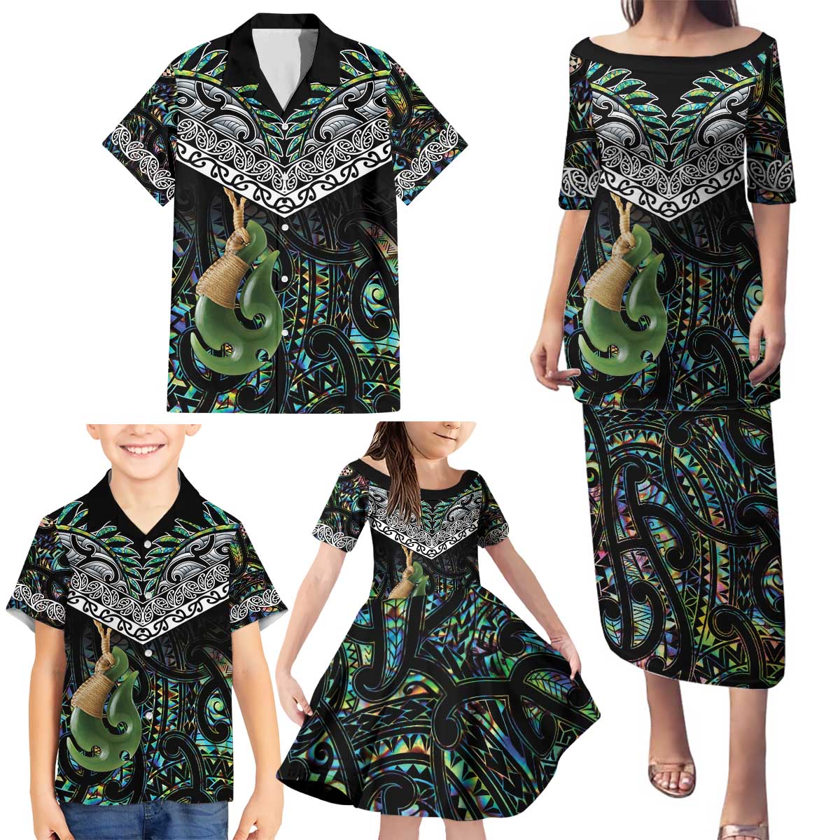 Personalised Maori Manaia Family Matching Puletasi and Hawaiian Shirt New Zealand Tribal Hei Matau Papua Shell LT9 - Polynesian Pride