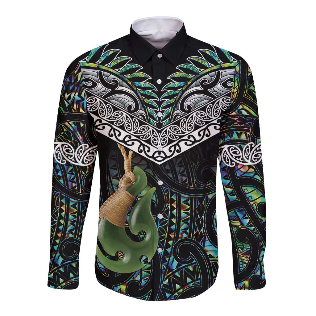 Personalised Maori Manaia Long Sleeve Button Shirt New Zealand Tribal Hei Matau Papua Shell LT9 Unisex Green - Polynesian Pride