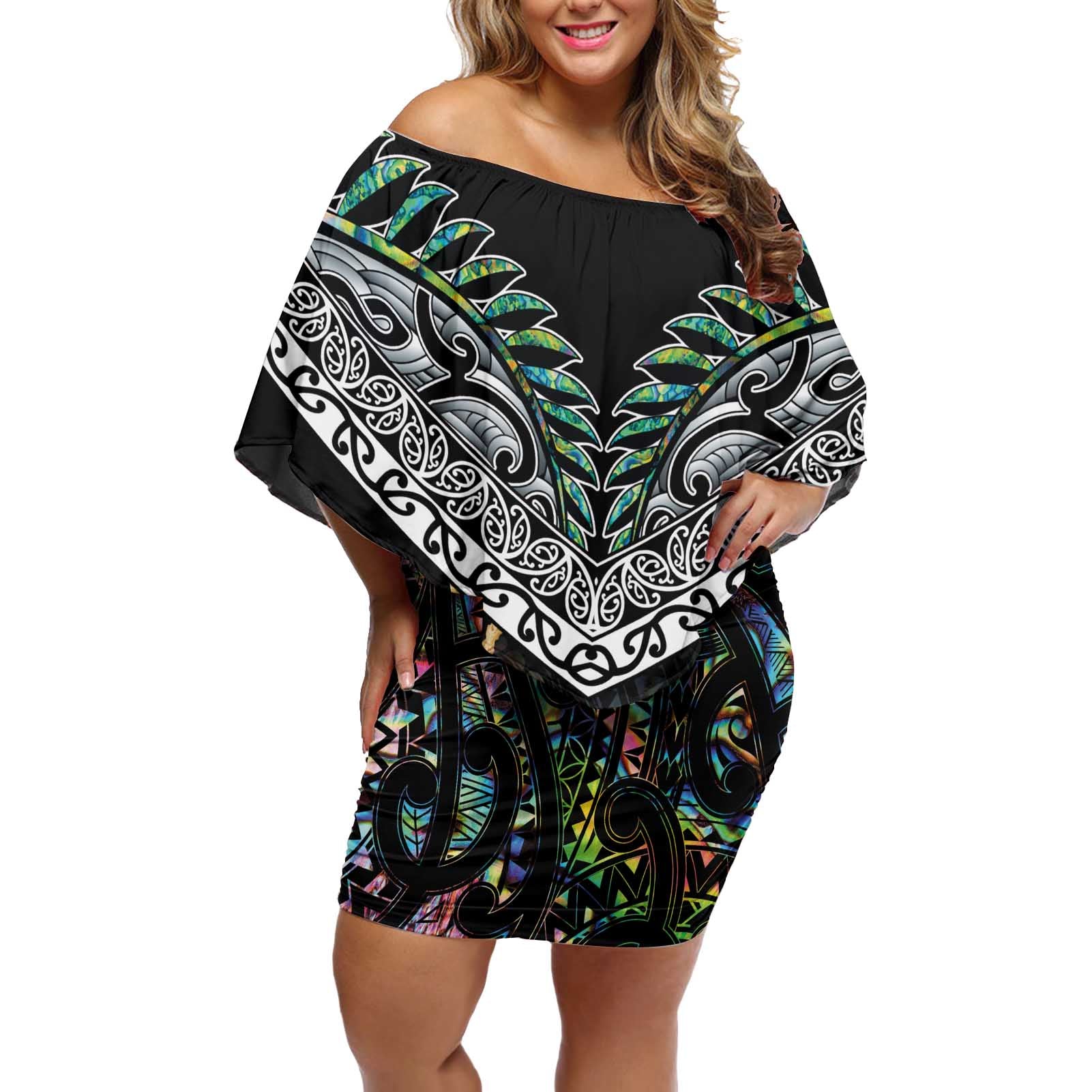 Personalised Maori Manaia Off Shoulder Short Dress New Zealand Tribal Hei Matau Papua Shell