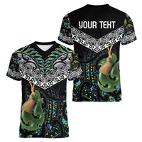 Personalised Maori Manaia Women V-Neck T-Shirt New Zealand Tribal Hei Matau Papua Shell LT9 - Polynesian Pride
