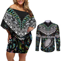 Custom New Zealand Couples Matching Off Shoulder Short Dress and Long Sleeve Button Shirt Maori Rugby Tattoo Papua Shell LT9 Green - Polynesian Pride