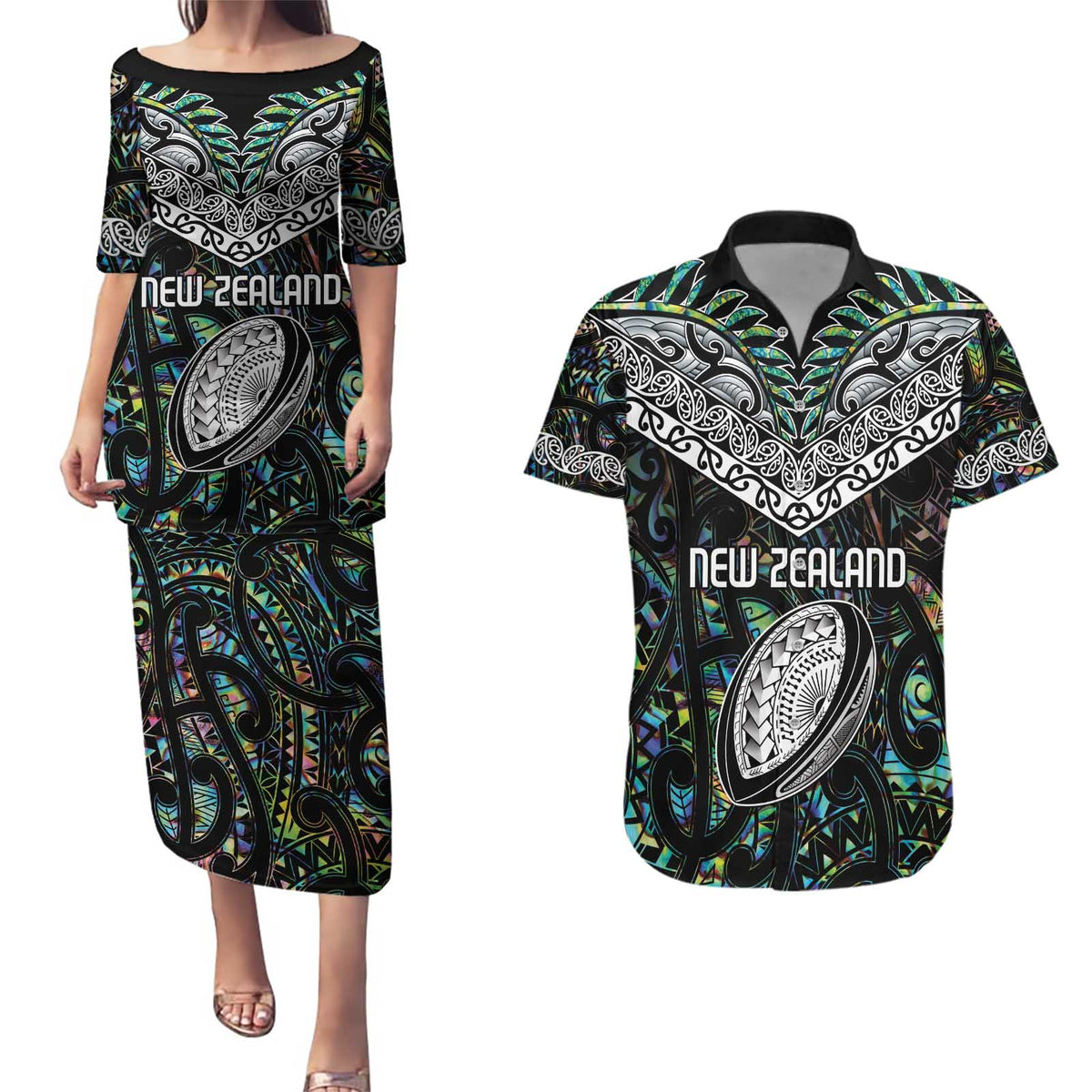 Custom New Zealand Couples Matching Puletasi and Hawaiian Shirt Maori Rugby Tattoo Papua Shell LT9 Green - Polynesian Pride