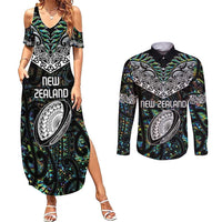 Custom New Zealand Couples Matching Summer Maxi Dress and Long Sleeve Button Shirt Maori Rugby Tattoo Papua Shell