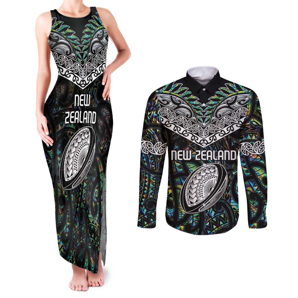 Custom New Zealand Couples Matching Tank Maxi Dress and Long Sleeve Button Shirt Maori Rugby Tattoo Papua Shell LT9 Green - Polynesian Pride