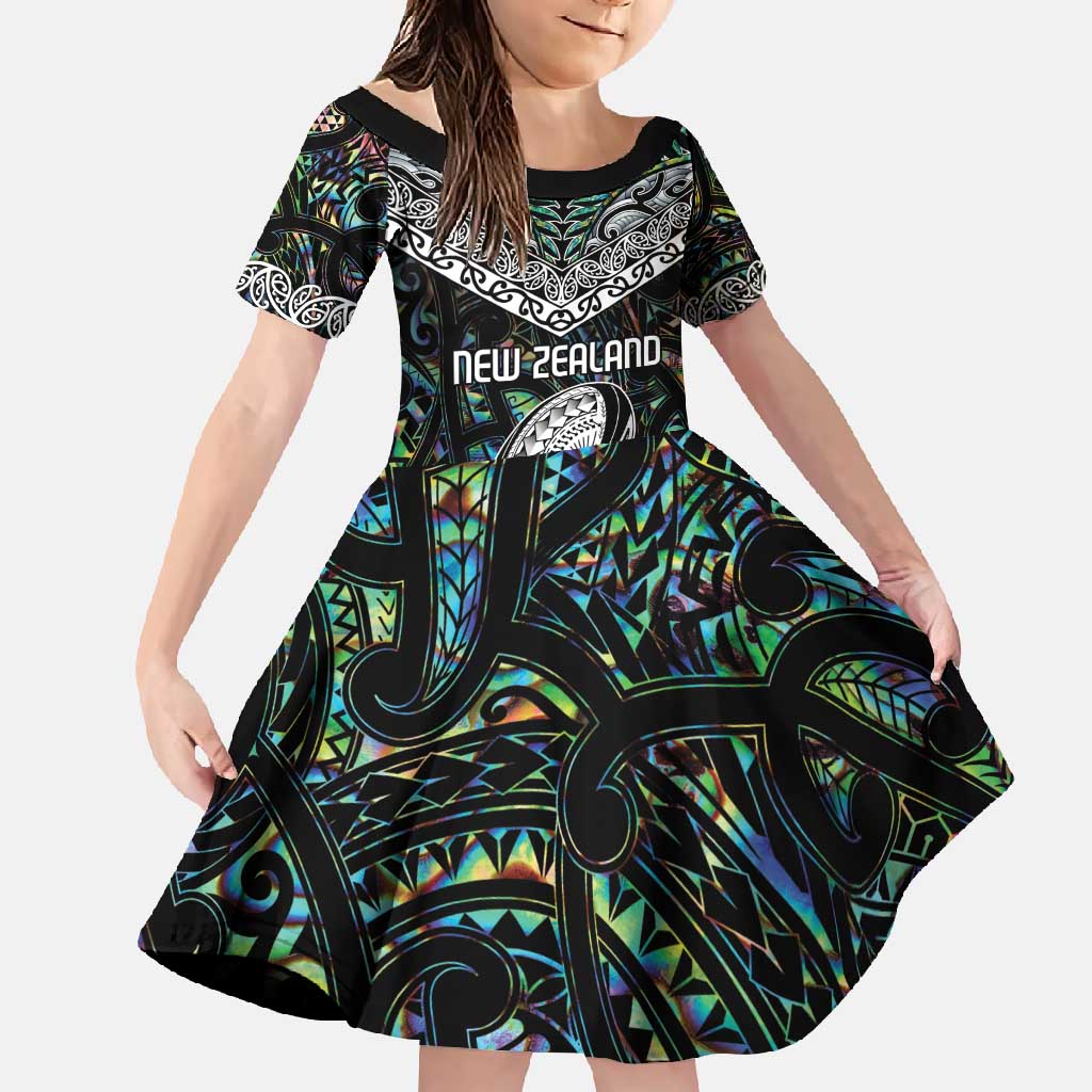 Custom New Zealand Family Matching Long Sleeve Bodycon Dress and Hawaiian Shirt Maori Rugby Tattoo Papua Shell LT9 Daughter's Dress Green - Polynesian Pride