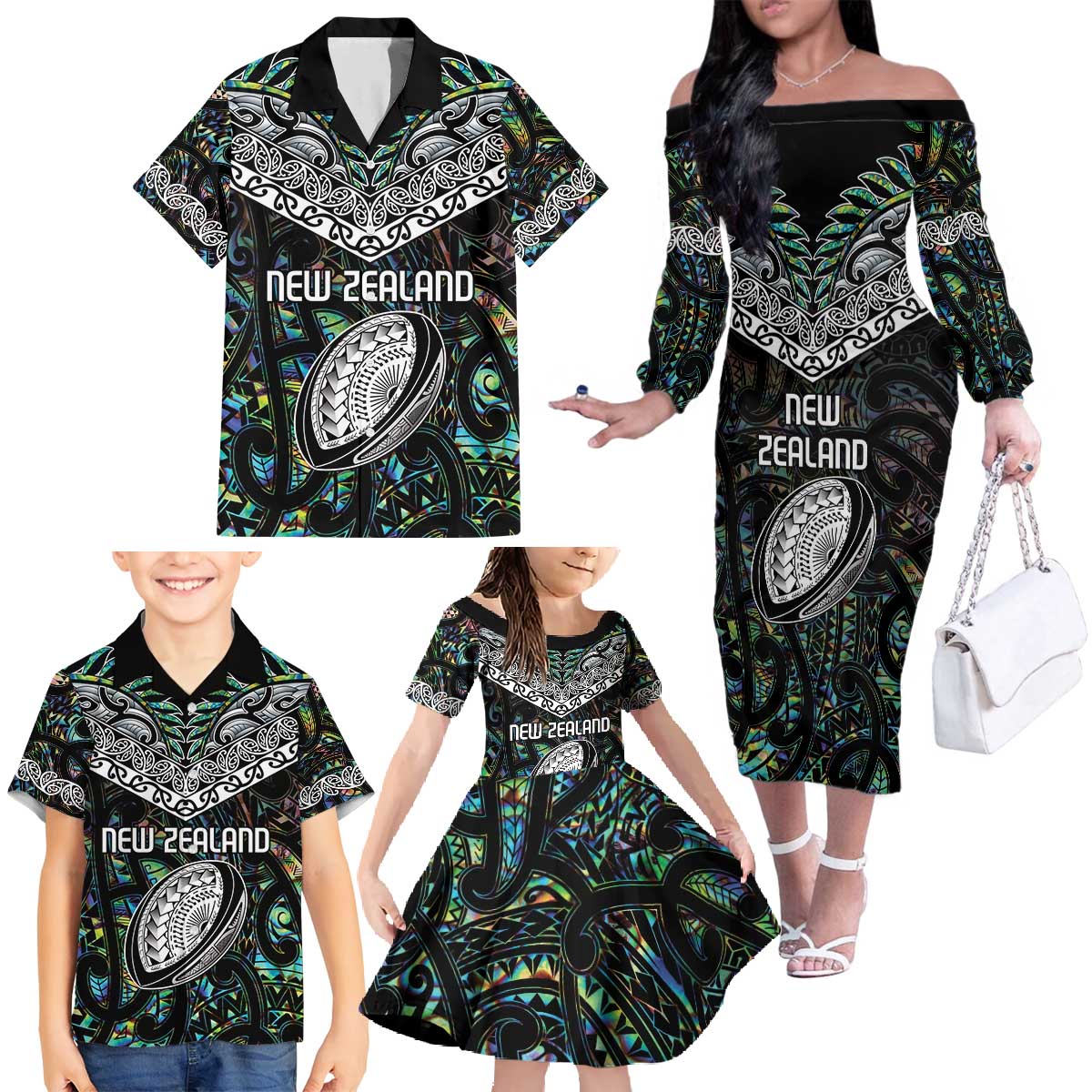Custom New Zealand Family Matching Off The Shoulder Long Sleeve Dress and Hawaiian Shirt Maori Rugby Tattoo Papua Shell LT9 - Polynesian Pride