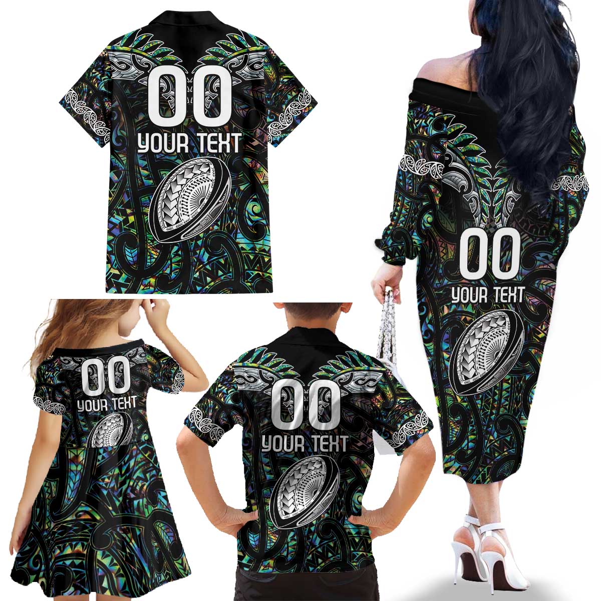 Custom New Zealand Family Matching Off The Shoulder Long Sleeve Dress and Hawaiian Shirt Maori Rugby Tattoo Papua Shell LT9 - Polynesian Pride