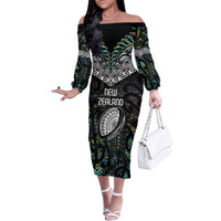 Custom New Zealand Family Matching Off The Shoulder Long Sleeve Dress and Hawaiian Shirt Maori Rugby Tattoo Papua Shell LT9 Mom's Dress Green - Polynesian Pride