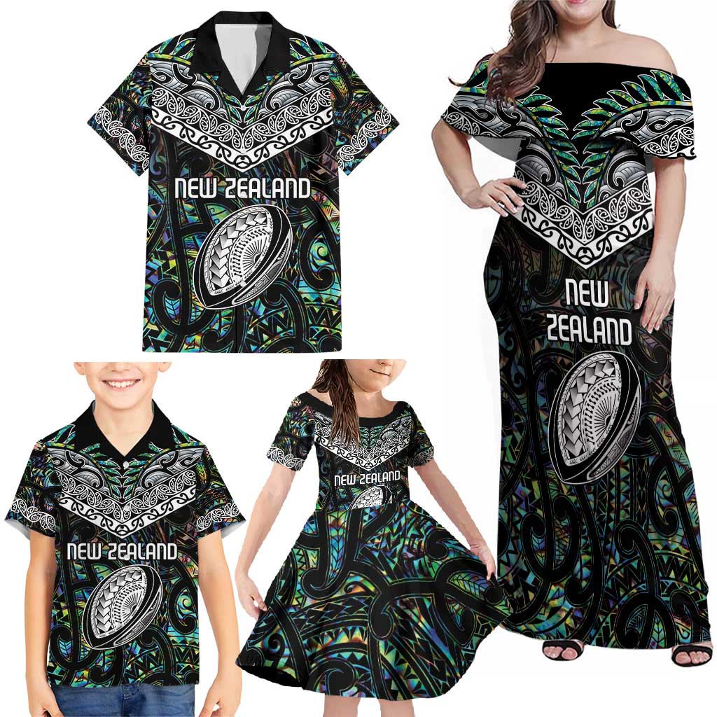 Custom New Zealand Family Matching Off Shoulder Maxi Dress and Hawaiian Shirt Maori Rugby Tattoo Papua Shell