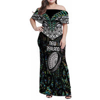 Custom New Zealand Family Matching Off Shoulder Maxi Dress and Hawaiian Shirt Maori Rugby Tattoo Papua Shell LT9 Mom's Dress Green - Polynesian Pride