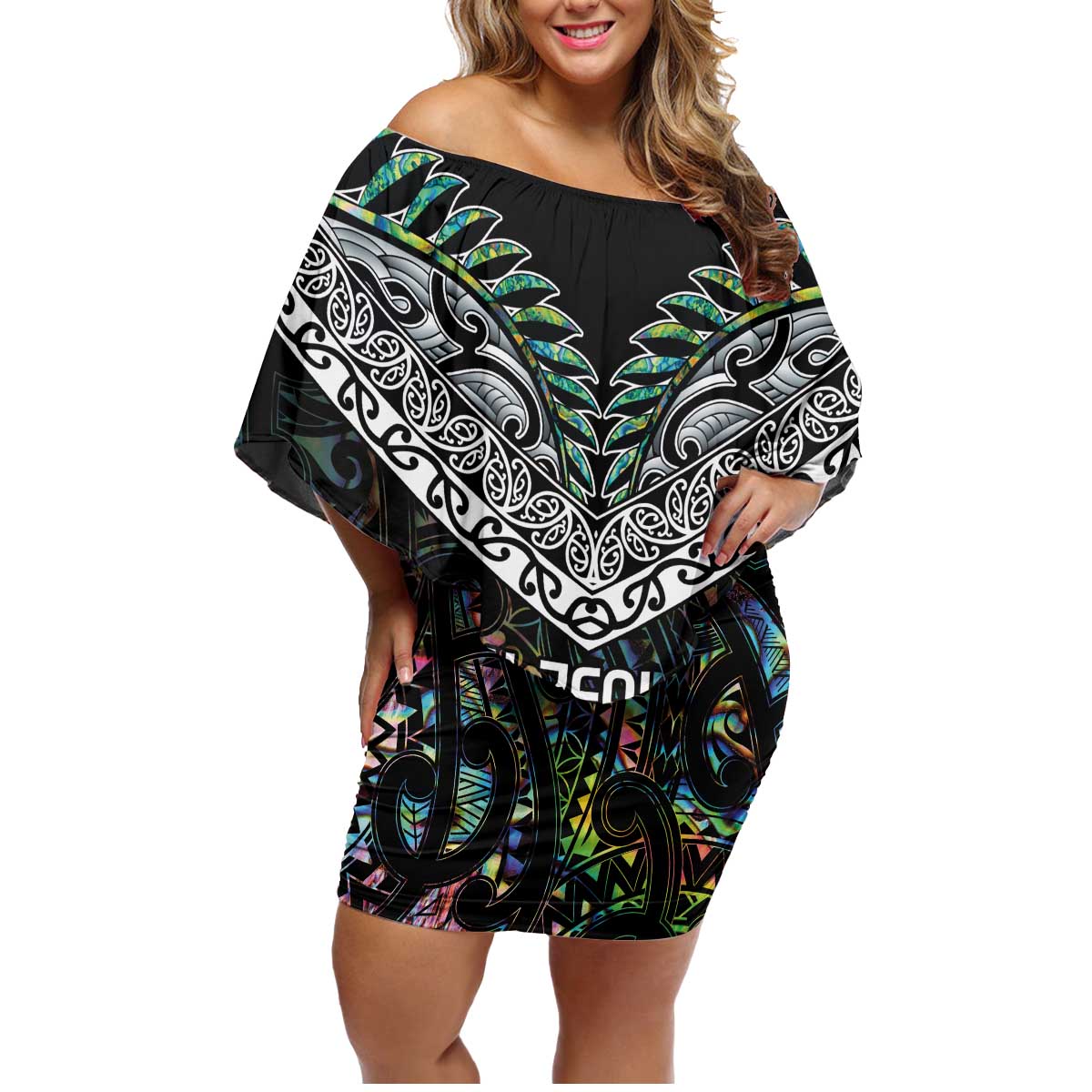 Custom New Zealand Family Matching Off Shoulder Short Dress and Hawaiian Shirt Maori Rugby Tattoo Papua Shell LT9 Mom's Dress Green - Polynesian Pride