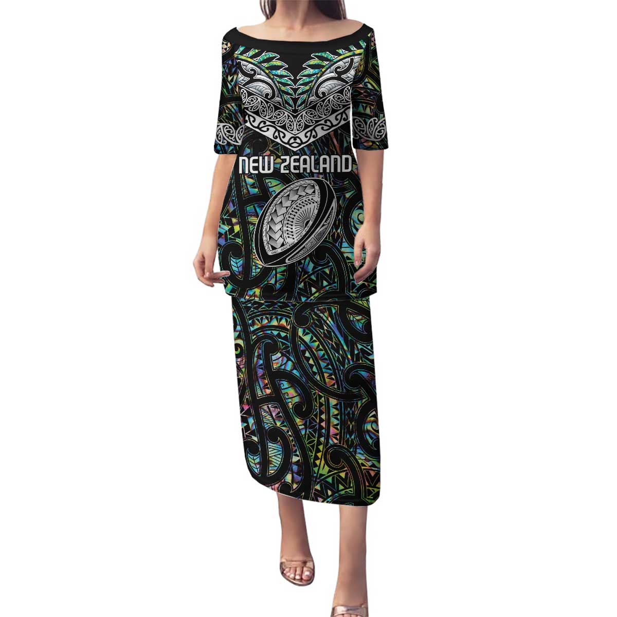 Custom New Zealand Family Matching Puletasi and Hawaiian Shirt Maori Rugby Tattoo Papua Shell LT9 Mom's Dress Green - Polynesian Pride