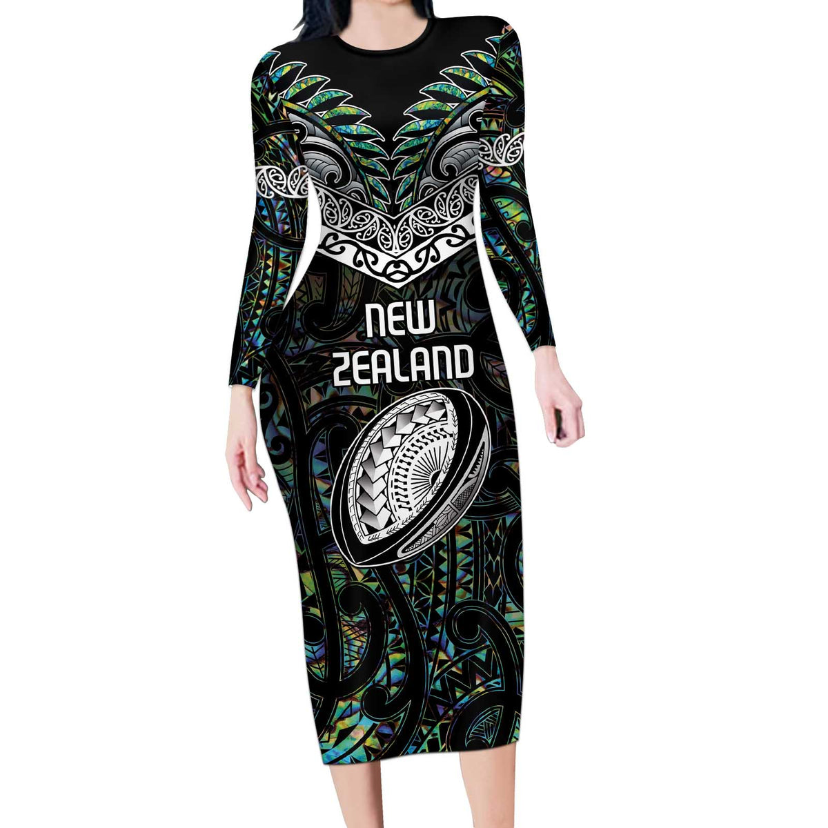 Custom New Zealand Long Sleeve Bodycon Dress Maori Rugby Tattoo Papua Shell LT9 Long Dress Green - Polynesian Pride
