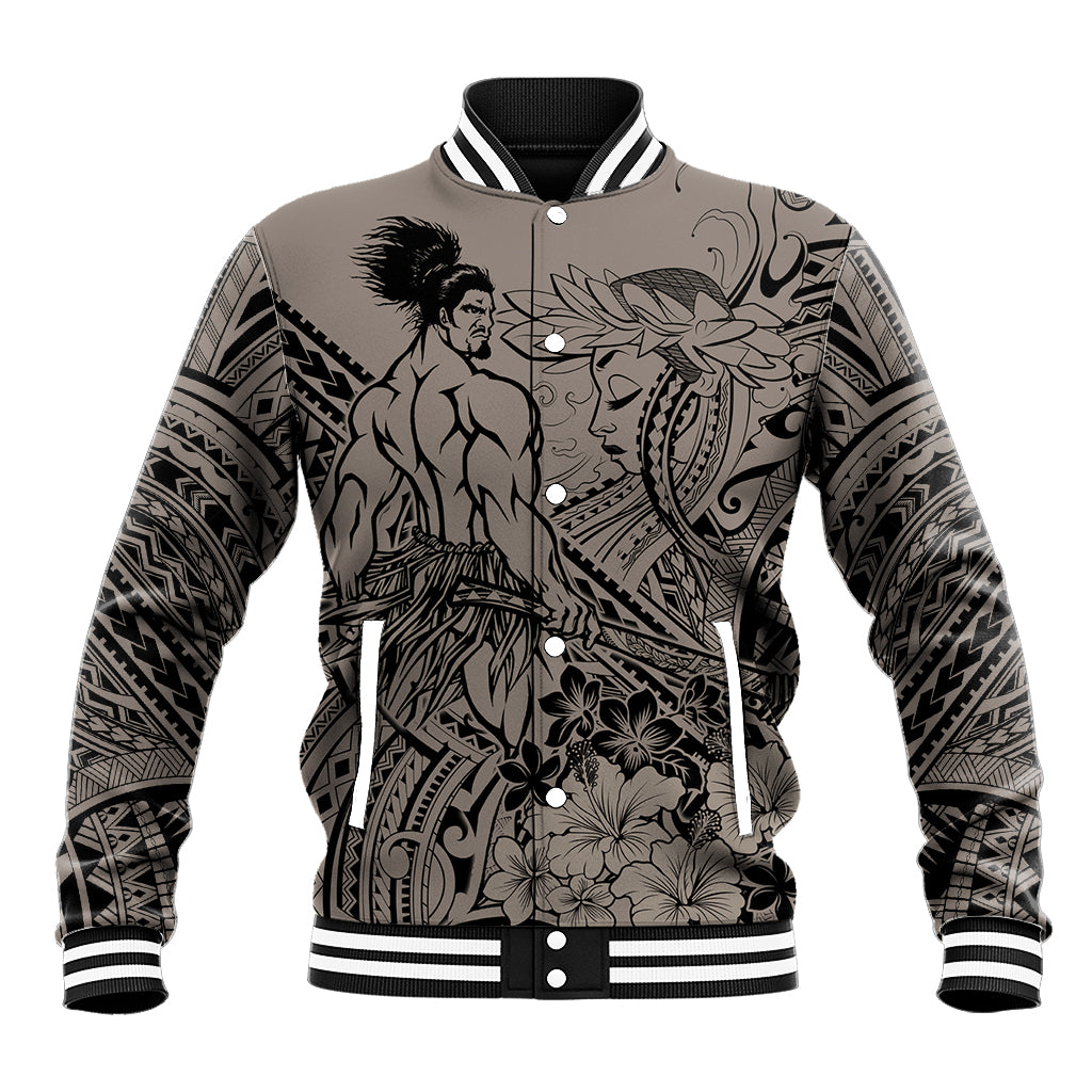 Beauty and The Warrior Polynesian Valentine Baseball Jacket Hibiscus FLowers Brown Style LT9 Unisex Brown - Polynesian Pride