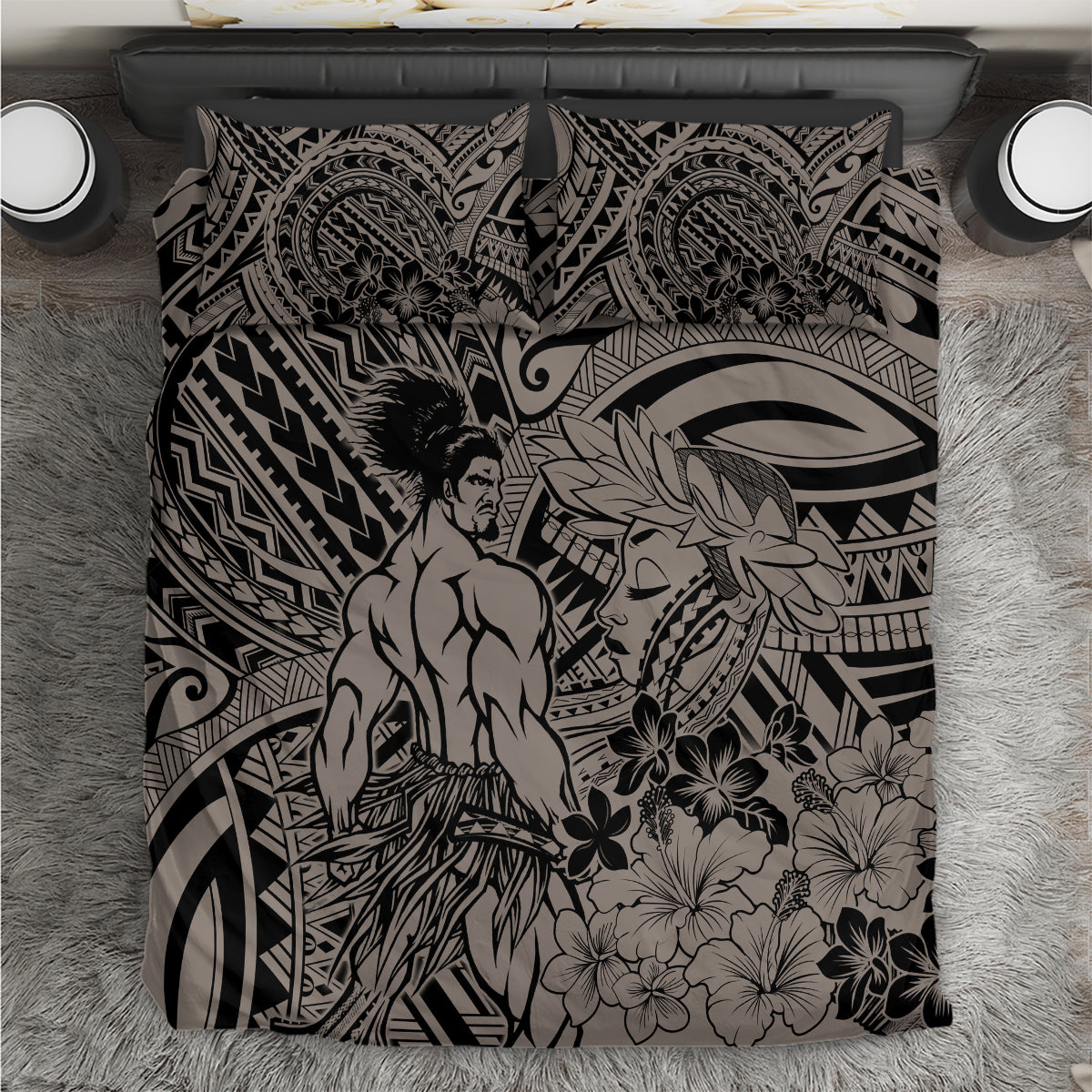 Beauty and The Warrior Polynesian Valentine Bedding Set Hibiscus FLowers Brown Style LT9 Brown - Polynesian Pride