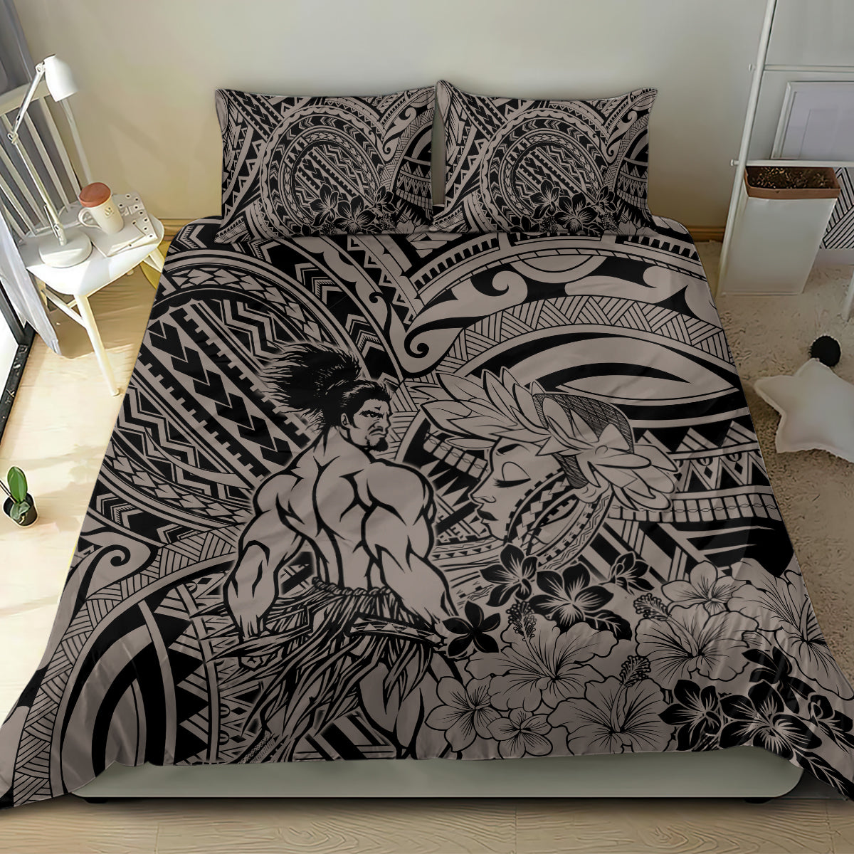 Beauty and The Warrior Polynesian Valentine Bedding Set Hibiscus FLowers Brown Style LT9 - Polynesian Pride