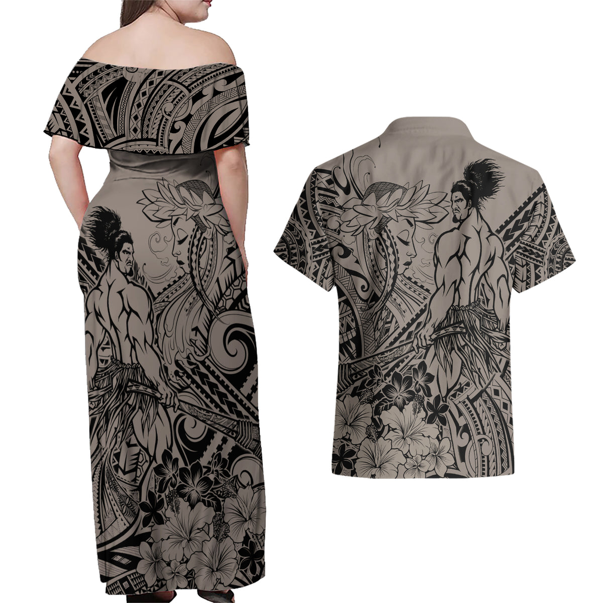 Beauty and The Warrior Polynesian Valentine Couples Matching Off Shoulder Maxi Dress and Hawaiian Shirt Hibiscus FLowers Brown Style LT9 - Polynesian Pride