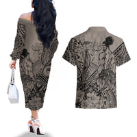 Beauty and The Warrior Polynesian Valentine Couples Matching Off The Shoulder Long Sleeve Dress and Hawaiian Shirt Hibiscus FLowers Brown Style LT9 - Polynesian Pride