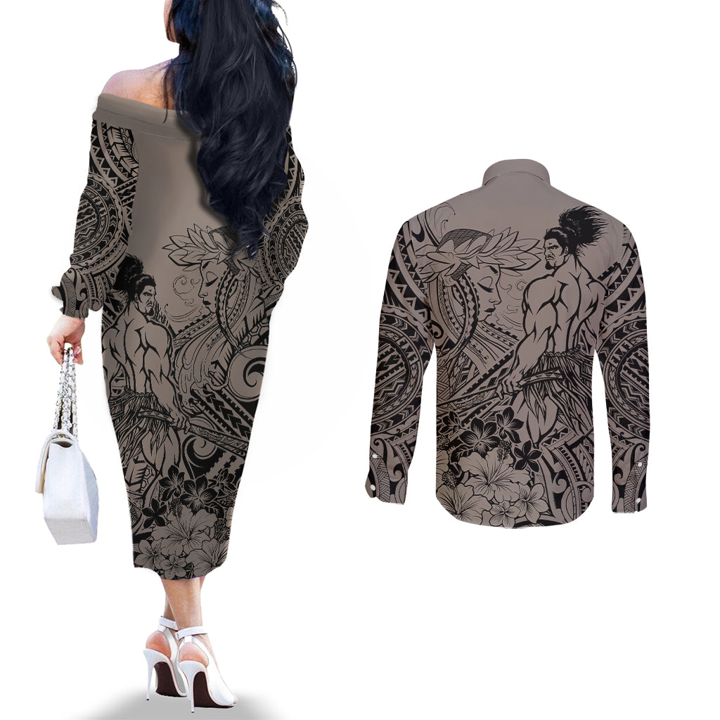 Beauty and The Warrior Polynesian Valentine Couples Matching Off The Shoulder Long Sleeve Dress and Long Sleeve Button Shirt Hibiscus FLowers Brown Style LT9 - Polynesian Pride
