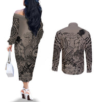 Beauty and The Warrior Polynesian Valentine Couples Matching Off The Shoulder Long Sleeve Dress and Long Sleeve Button Shirt Hibiscus FLowers Brown Style LT9 - Polynesian Pride