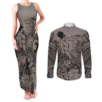 Beauty and The Warrior Polynesian Valentine Couples Matching Tank Maxi Dress and Long Sleeve Button Shirt Hibiscus FLowers Brown Style LT9 Brown - Polynesian Pride