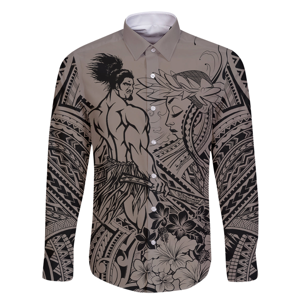 Beauty and The Warrior Polynesian Valentine Family Matching Mermaid Dress and Hawaiian Shirt Hibiscus FLowers Brown Style LT9 Dad's Shirt - Long Sleeve Brown - Polynesian Pride