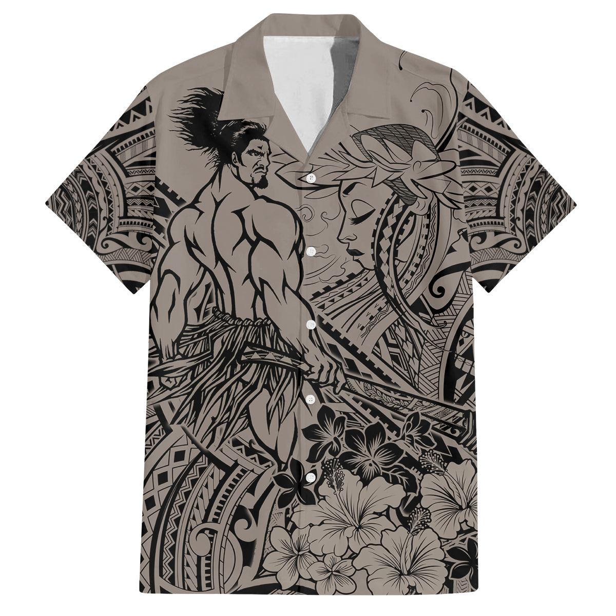 Beauty and The Warrior Polynesian Valentine Family Matching Off Shoulder Short Dress and Hawaiian Shirt Hibiscus FLowers Brown Style LT9 Dad's Shirt - Short Sleeve Brown - Polynesian Pride