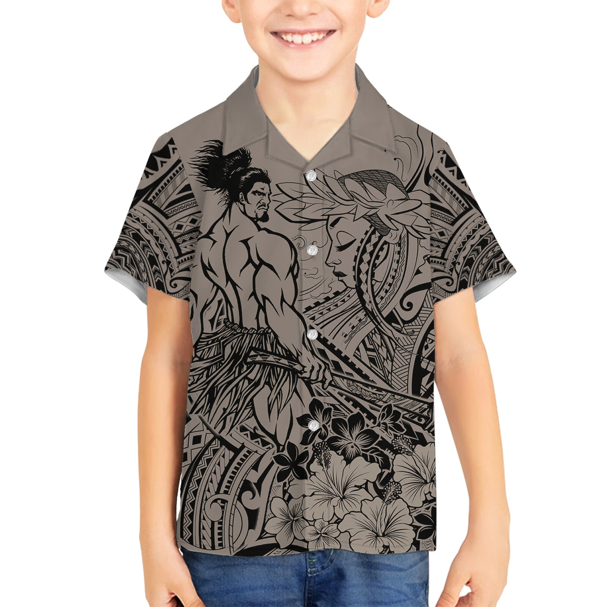 Beauty and The Warrior Polynesian Valentine Family Matching Off Shoulder Short Dress and Hawaiian Shirt Hibiscus FLowers Brown Style LT9 Son's Shirt Brown - Polynesian Pride
