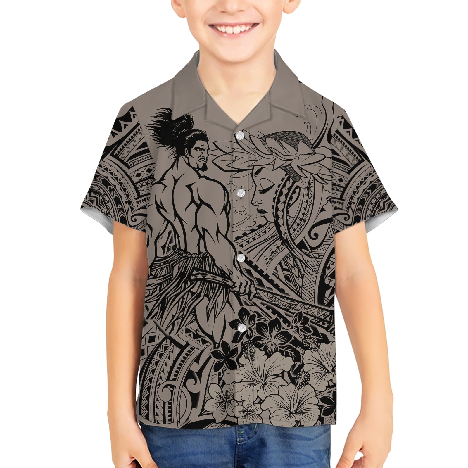 Beauty and The Warrior Polynesian Valentine Kid Hawaiian Shirt Hibiscus FLowers Brown Style LT9 Kid Brown - Polynesian Pride