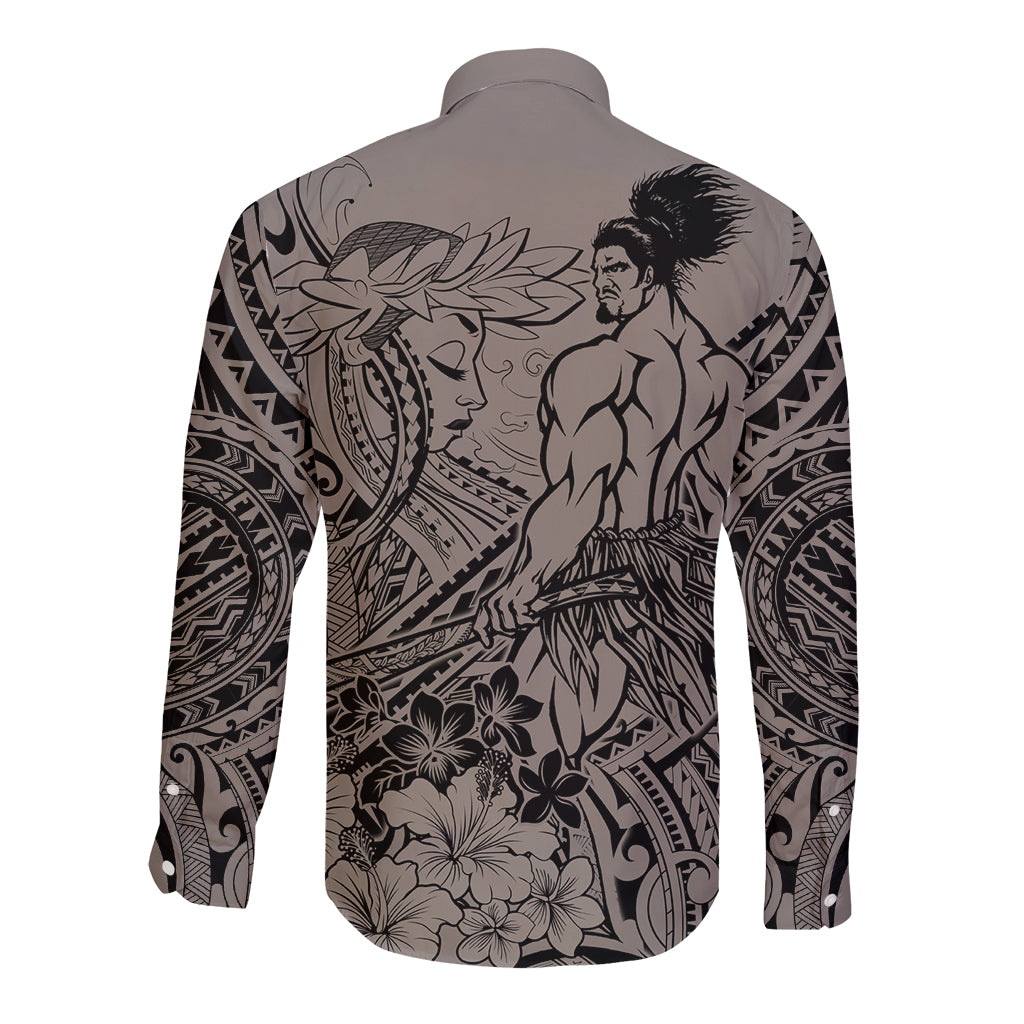 Beauty and The Warrior Polynesian Valentine Long Sleeve Button Shirt Hibiscus FLowers Brown Style LT9 - Polynesian Pride