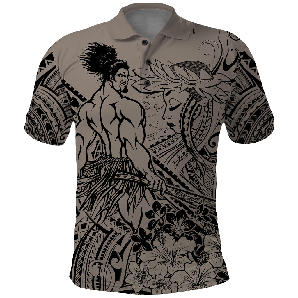 Beauty and The Warrior Polynesian Valentine Polo Shirt Hibiscus FLowers Brown Style LT9 Brown - Polynesian Pride