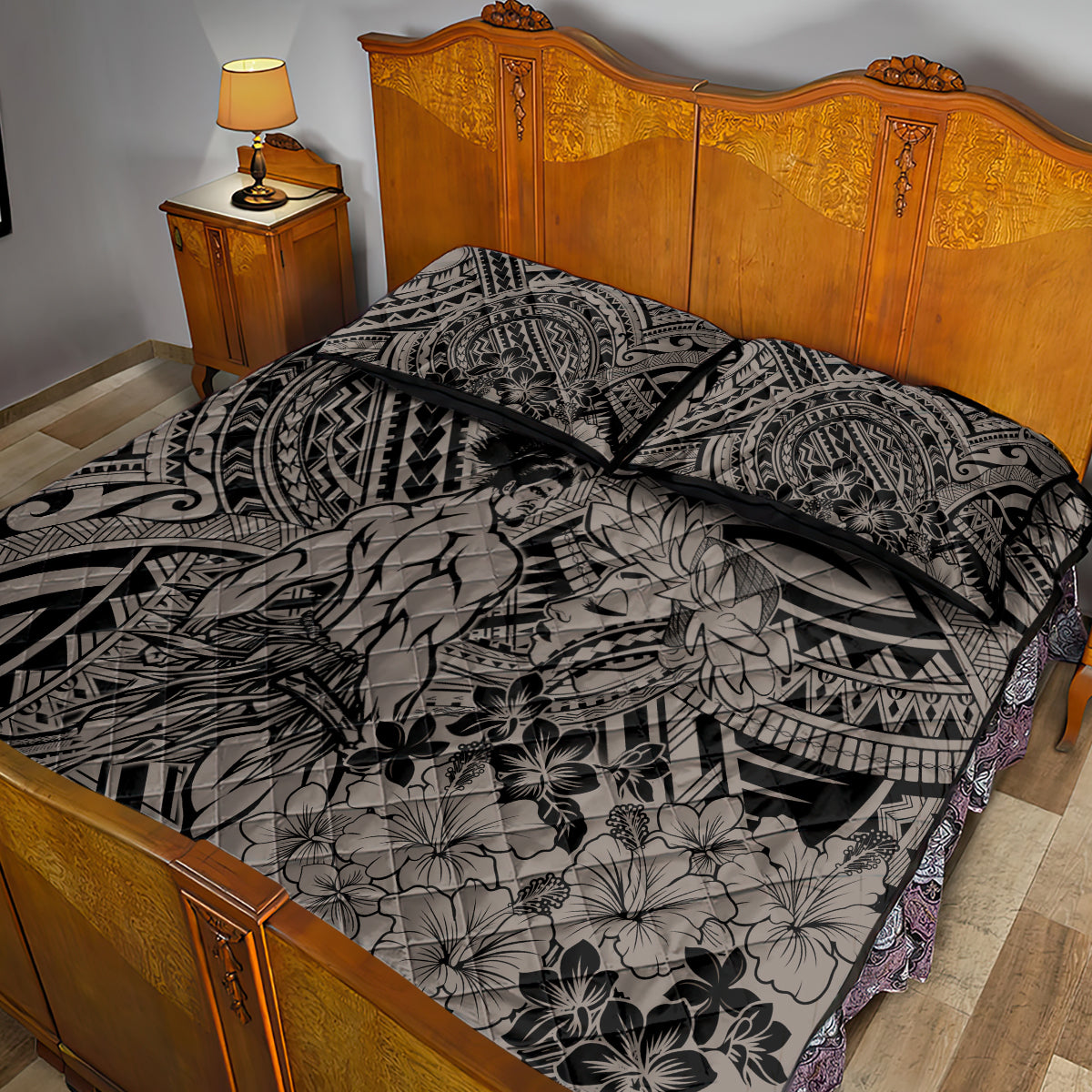 Beauty and The Warrior Polynesian Valentine Quilt Bed Set Hibiscus FLowers Brown Style LT9 - Polynesian Pride