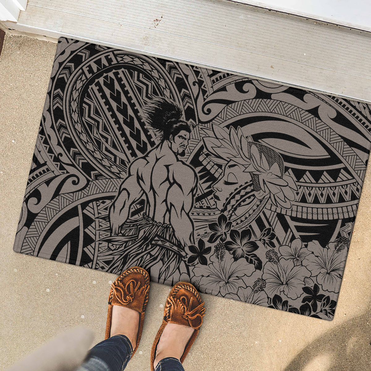 Beauty and The Warrior Polynesian Valentine Rubber Doormat Hibiscus FLowers Brown Style LT9 - Polynesian Pride