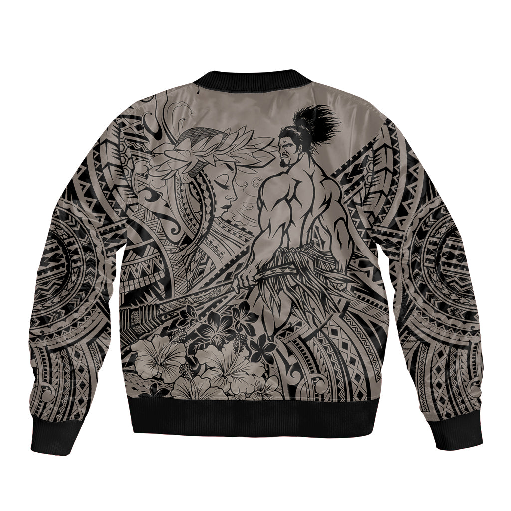 Beauty and The Warrior Polynesian Valentine Sleeve Zip Bomber Jacket Hibiscus FLowers Brown Style LT9 - Polynesian Pride