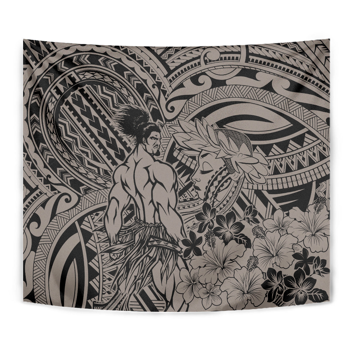 Beauty and The Warrior Polynesian Valentine Tapestry Hibiscus FLowers Brown Style LT9 - Polynesian Pride