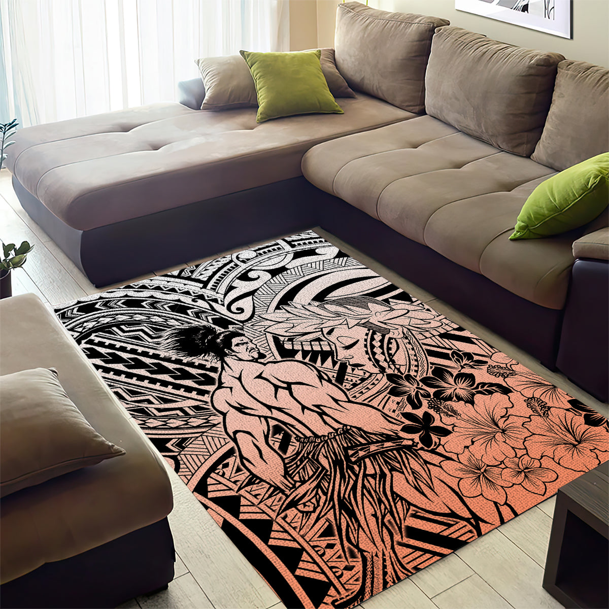 Beauty and The Warrior Polynesian Valentine Area Rug Hibiscus FLowers Orange Style LT9 - Polynesian Pride