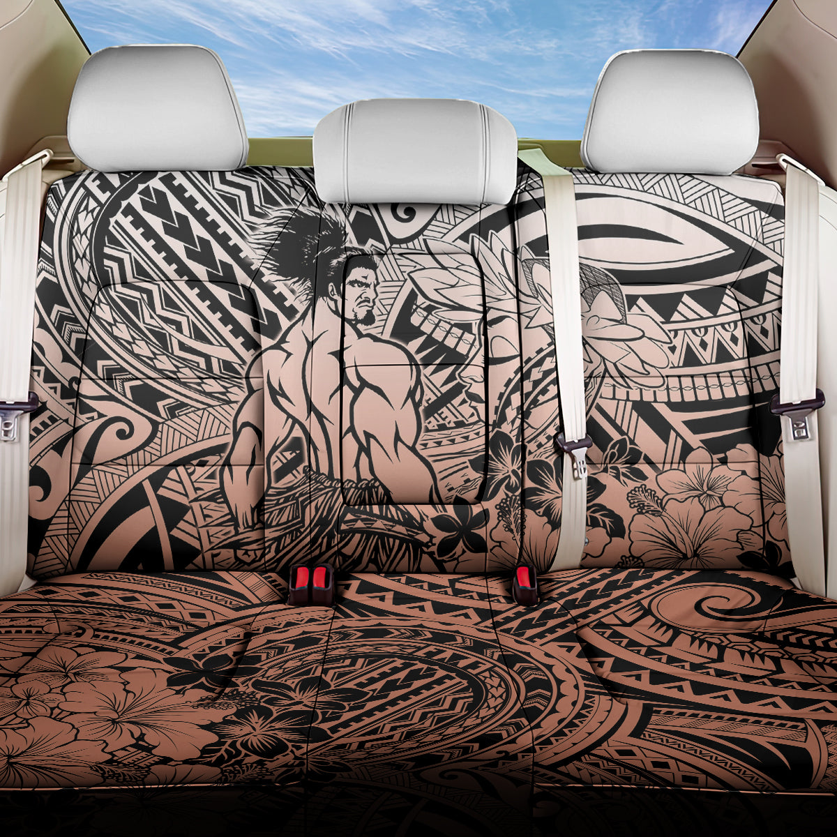 Beauty and The Warrior Polynesian Valentine Back Car Seat Cover Hibiscus FLowers Orange Style LT9 One Size Orange - Polynesian Pride