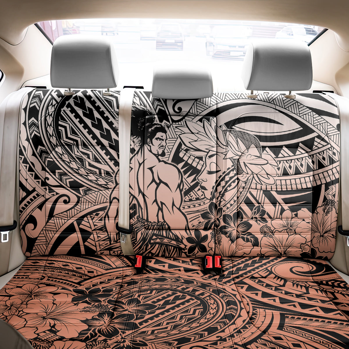 Beauty and The Warrior Polynesian Valentine Back Car Seat Cover Hibiscus FLowers Orange Style LT9 - Polynesian Pride