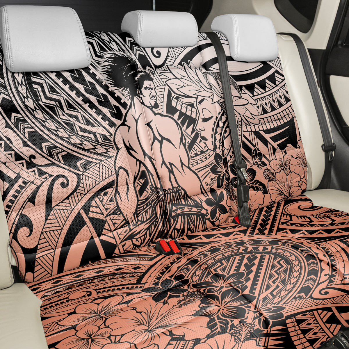 Beauty and The Warrior Polynesian Valentine Back Car Seat Cover Hibiscus FLowers Orange Style LT9 - Polynesian Pride
