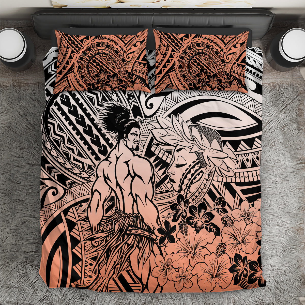 Beauty and The Warrior Polynesian Valentine Bedding Set Hibiscus FLowers Orange Style LT9 Orange - Polynesian Pride