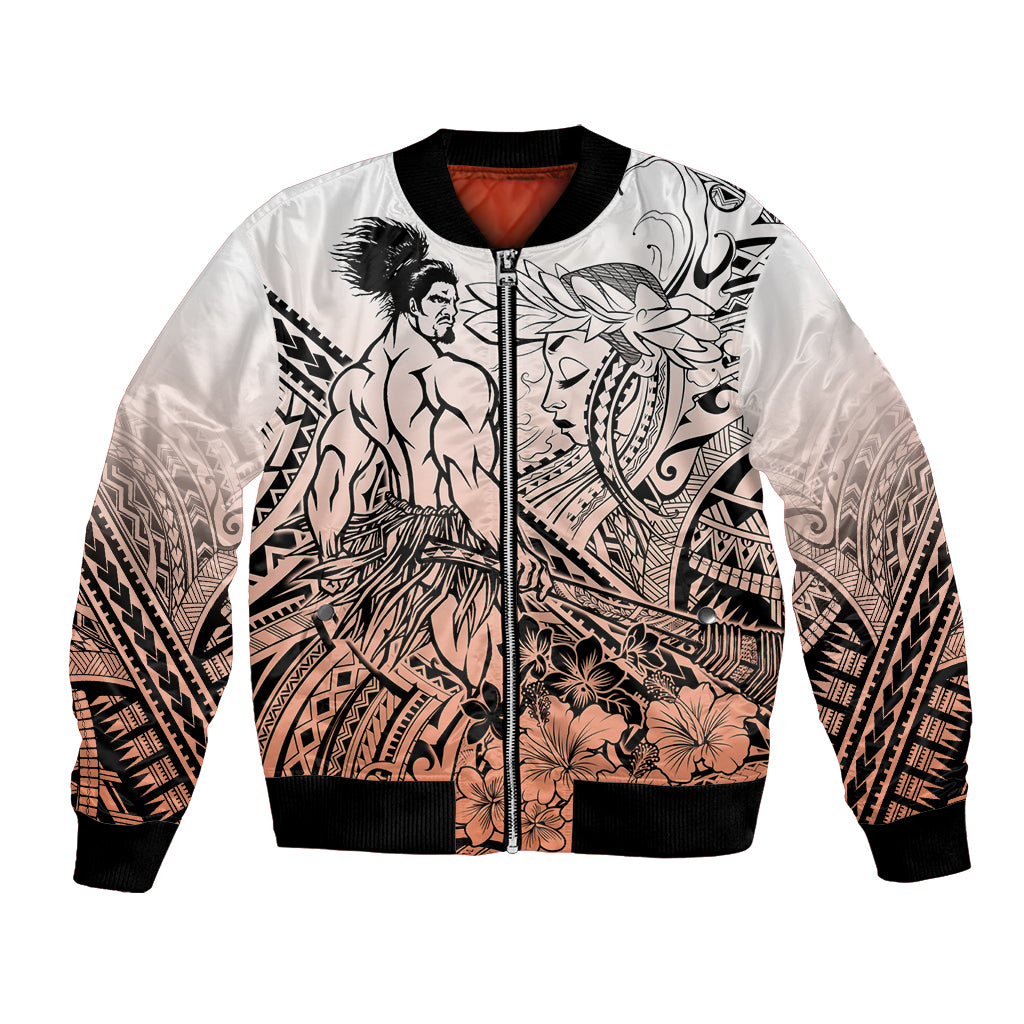 Beauty and The Warrior Polynesian Valentine Bomber Jacket Hibiscus FLowers Orange Style LT9 Unisex Orange - Polynesian Pride